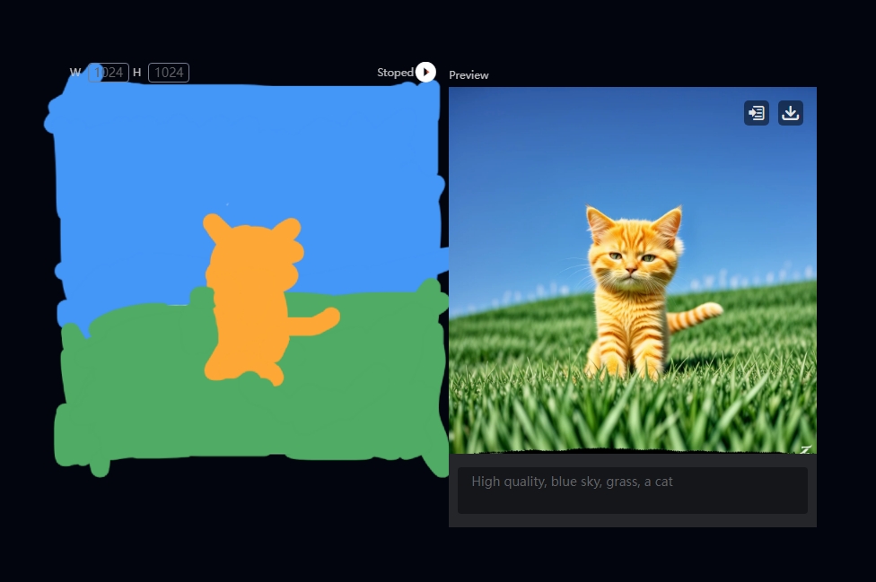Comparación — dibujo con pincel e imagen de gato generada por IA