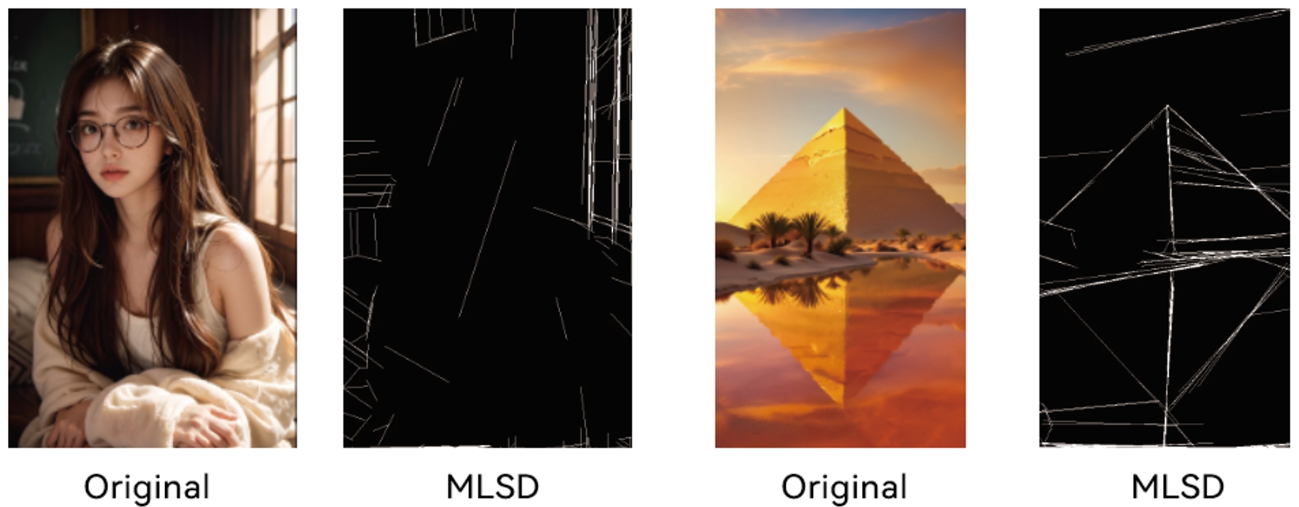 Comparison of the original image and the image after MLSD recognition