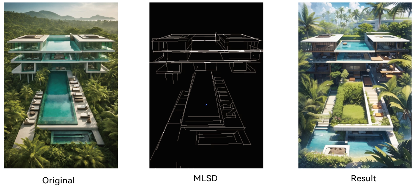 Comparison of the original image, MLSD recognition image, and result image