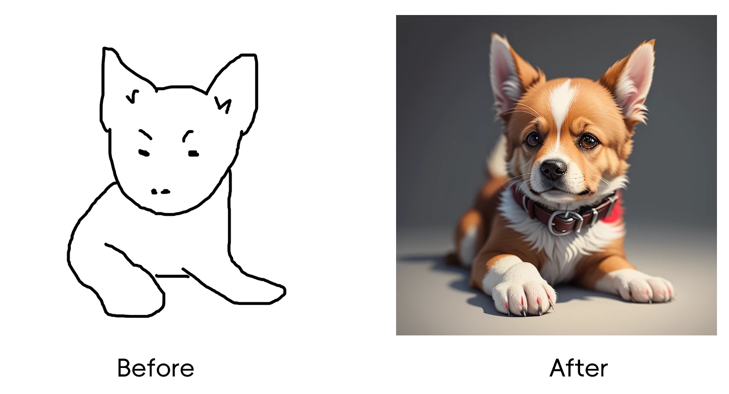 Before and after comparison of converting sketch to image